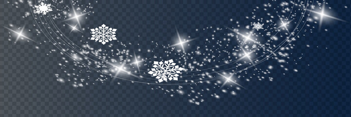 Christmas Snowfall. The circle of snowflakes sparkling transparent beautiful snow isolated on black background Lettering