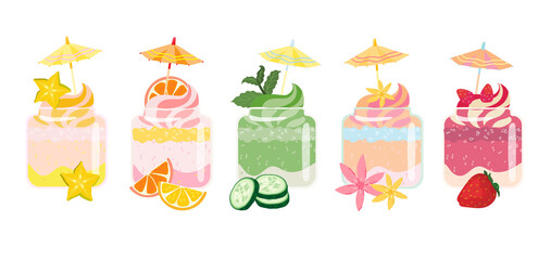 Smoothies summer desserts set with umbrella toppers. Sweet, vegetables, green, berries and citrus taste. Colorful healthy and joyful smoothie. Vector flat illustration on white isolated background