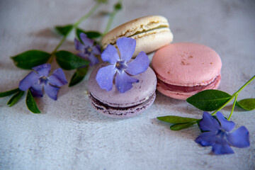 Fototapeta na wymiar Several macaroons lie on the table decorated with flowers.