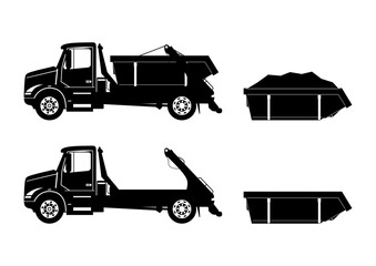 Silhouettes of a skip truck with containers. Side view. Flat vector. - 435995496