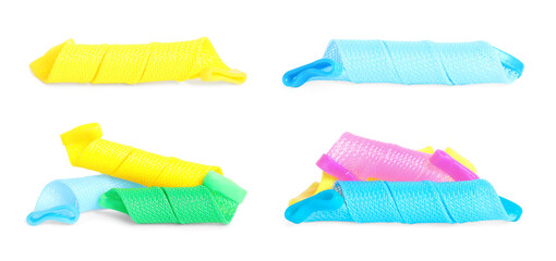 Set with hair curlers on white background. Banner design