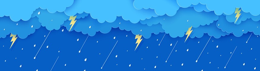 Rain thunder lightning and clouds in the paper cut style. Vector storm weather concept with falling water drops from the cloudy sky and flash. Storm papercut background horizontal banner. - obrazy, fototapety, plakaty