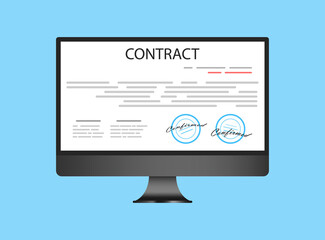 Electronic contract or digital signature concept in vector illustration. Online e-contract document sign via desktop PC. Website or webpage layout template.