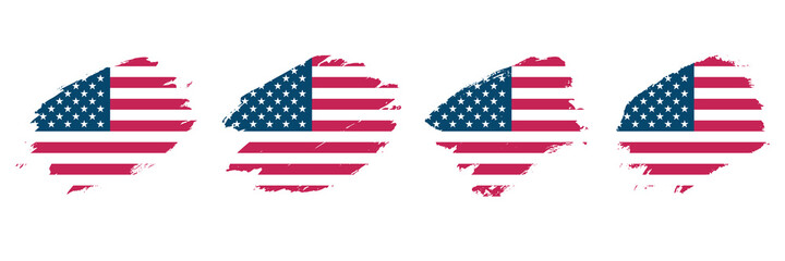 The flag of the United States of America. American national flag brush strokes backgrounds set. Template collection for holiday greetings, invitations and celebrate banners. Vector illustration.