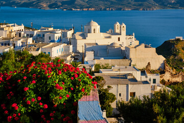 Picturesque scenic view of Greek town Plaka on Milos island over red geranium flowers