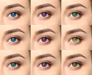Collage with photos of woman wearing different color contact lenses, closeup