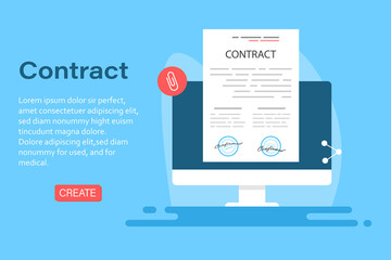 Electronic contract or digital signature concept in vector illustration. Online e-contract document sign via desktop PC. Website or webpage layout template.