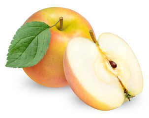 Fresh Yellow apple fruits with leaf on white background, Honey Yellow Toki apples isolated on white background With clipping path.