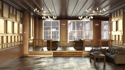 Naklejka premium テレビ会議背景用 ZOOM会議背景用 CG 部屋 Luxury Room ラウンジ ロビー テーブル ソファ video conferencing background 