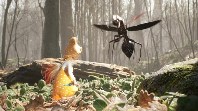 A little war elf fights with an elven sword against a formidable and hostile flying insect in a fabulous sunny forest. Magic fairy concept. The animation for fantasy,fabulous or children's backgrounds