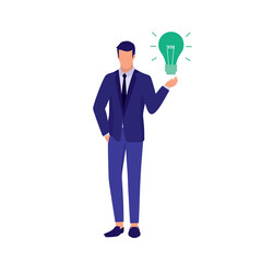 Businessman Having A Idea. Idea And Thoughts Concept. Vector Flat Cartoon Illustration. Man With Light Bulb.