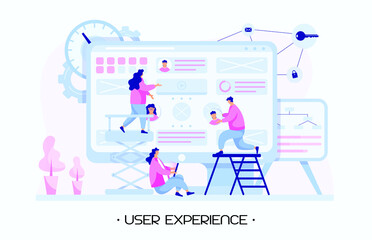 Obraz na płótnie Canvas The user experience team testing user personas and analyze user flow. A/B testing, research and development. Modern user interface and design, customer journey. Flat people vector illustration. Vector