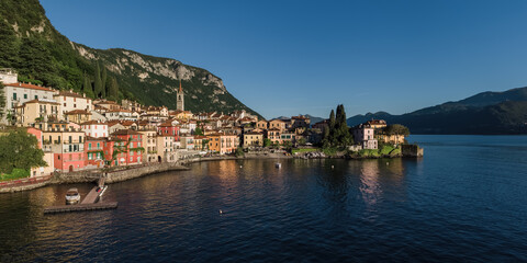 Fototapeta na wymiar Varenna city lakeside walk on Lake Como panoramic aerial view.