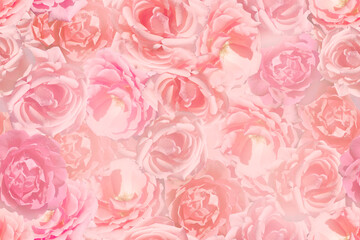 Seamless background of delicate pink roses in the haze.