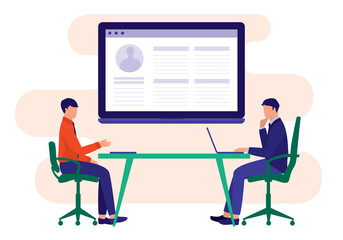 Manager Having An Interview With A Job Applicant. Job Interview Concept. Vector Illustration Flat Cartoon. Male Candidate Introducing Himself In An Interview.