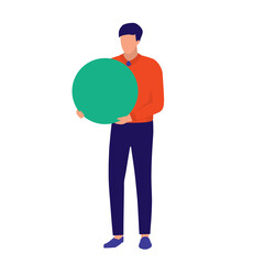Young Man Holding Holding A Circle Blank Sign. Notice And Announcement Concept. Vector Flat Cartoon Illustration. Man With Empty Placard.