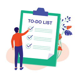 Man Planning His To-Do List. Personal Organizer Concept. Vector Illustration Flat Cartoon. Man Putting A Check Mark On His Checklist.