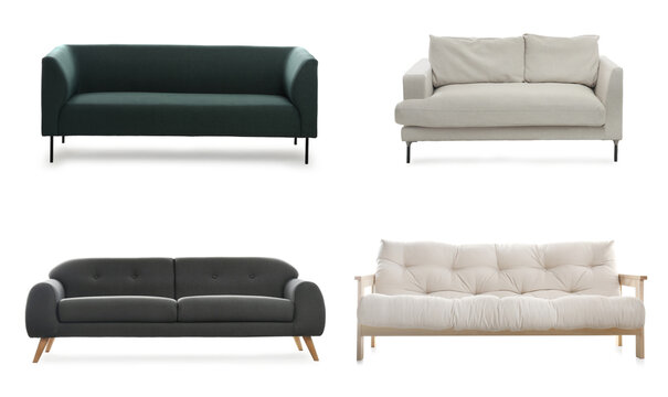 Set with different stylish sofas on white background