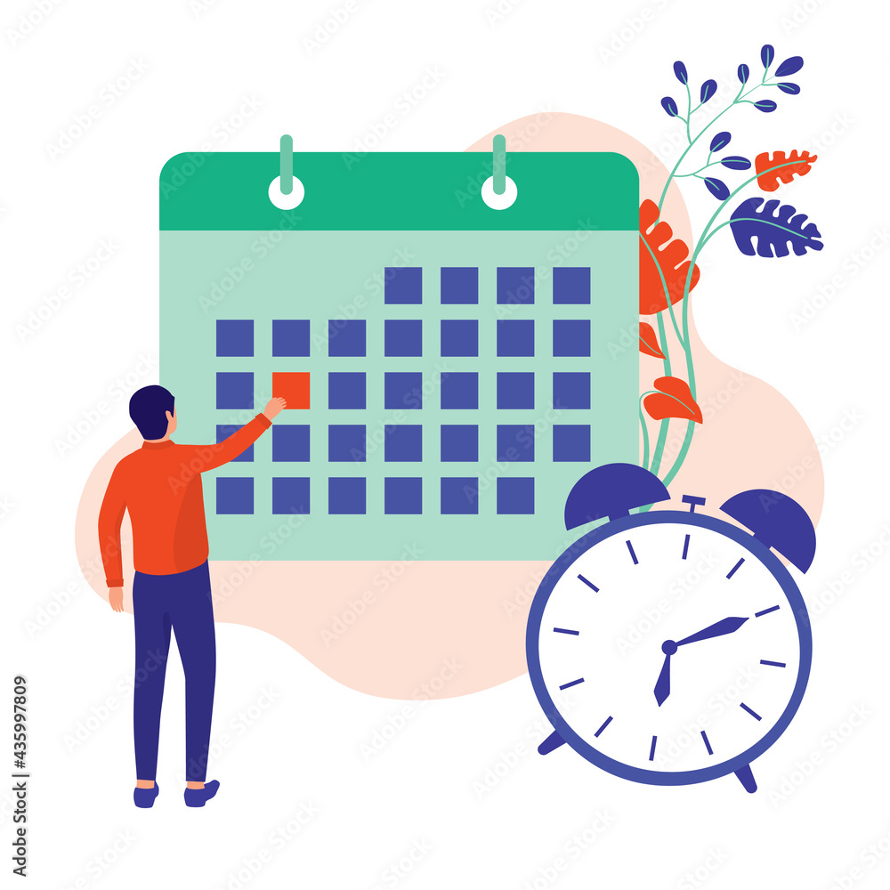 Poster man marking a date on the calendar with reminder alarm. time management concept. vector illustration