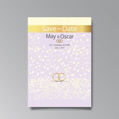 Art Deco with wedding rings invitation, golden, white light beige luxury elegant retro style.