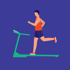 Fototapeta na wymiar Slim Man Running On Treadmill. Fitness Concept. Vector Flat Cartoon Illustration. Young Man Exercising.