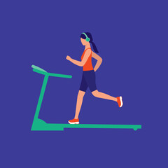 Fototapeta na wymiar Slim Woman Running On Treadmill. Fitness Concept. Vector Flat Cartoon Illustration. Young Woman Exercising.