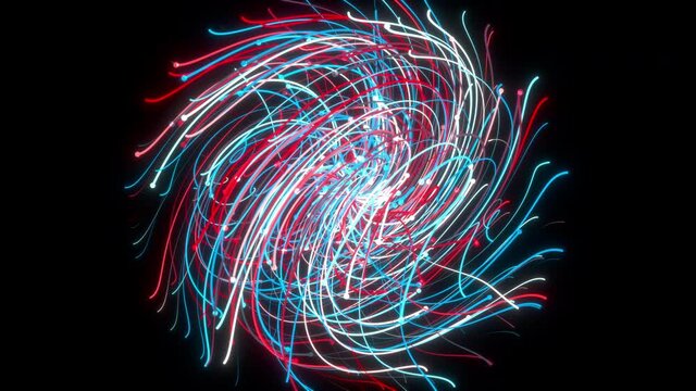 Chaotic spinning 3d render stripes in spatial spiral. Disordered threads whirling outer space. Abstract bright textures of complicated dance energy distortions. Tangle creative swirl ornament.