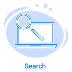 The Search icon .Search engine engineering and search algorithms.A laptop and a magnifying glass as a search engine symbol.Vector illustration of a thin line icon on a blue background.