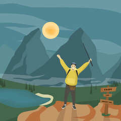A man at the top of the mountain. Adventure and camping in the mountains. Traveler. Climbed to the peak. View of the lake, forest and mountains. Vector illustration. 