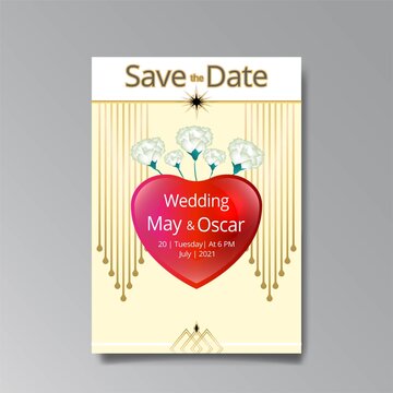 Art Deco, floral wedding invitation, golden beige luxury elegant retro. Save the date poster, geometric greeting card invite.