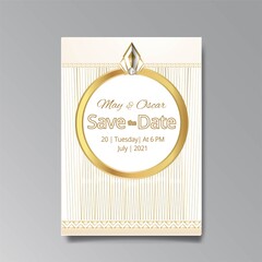 Art Deco, Art Nuevo wedding invitation, golden, white light beige luxury elegant retro style.