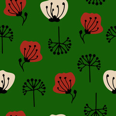 Seamless pattern with summer flowers on green background