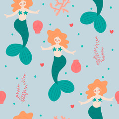 Seamless pattern with cute redhead mermaid