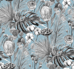 black and white delicate watercolor seamless pattern with herbarium of dry palm leaves with protea and monstera flower on a blue background for textiles and wallpaper, as well as packaging and surface