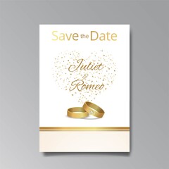 Art Deco with wedding rings invitation, golden, white light beige luxury elegant retro style