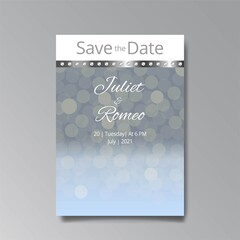 Art Deco with wedding rings invitation, silver and blue luxury elegant retro style.