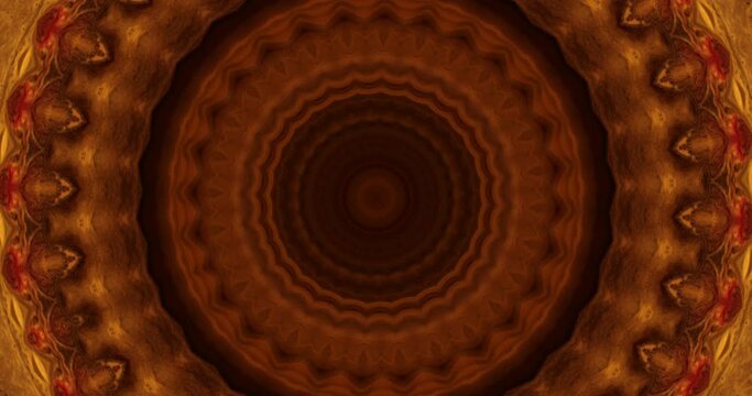 Abstract original golden kaleidoscope. Mosaic seamless ornamental mandala effect and decorative loop, psychedelic motion flow. 