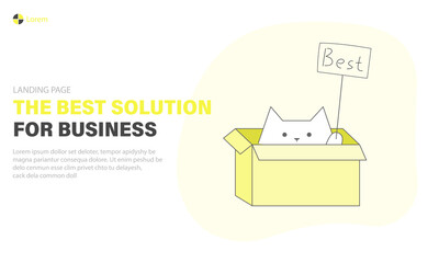 Best business solutions landing page, cat is holding a sign with the word best, web banner