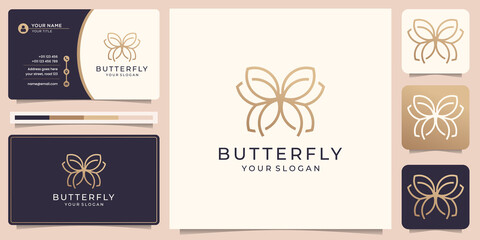 minimalist butterfly logo. luxury line art style shape concept design. jewelry logo linear vector, nature, gold, simple, balance, elegant design with business card template. premium vector