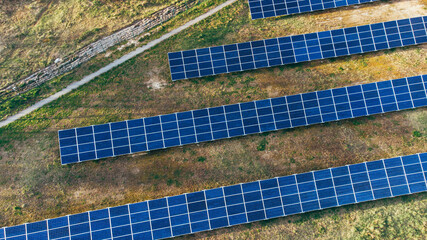 Solar panels in aerial view. Solar panels system power generators from sun