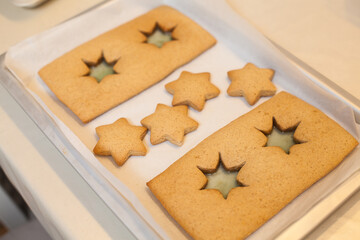 Parts of Christmas gingerbread house. Handmade. Christmas gingerbread house. Fresh baked