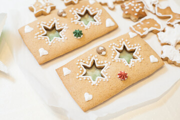 Parts of Christmas gingerbread house. Handmade. Christmas gingerbread house. Fresh baked