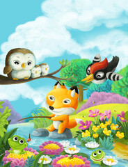 Plakat cartoon scene forest animals friends fishing illustration