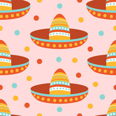 Seamless pattern with Mexican sombrero hat on a pink background. Festive design and fiesta. Decoration with ethnic ornament. Vector illustration for fabric, texture, wallpaper, posters, postcards.