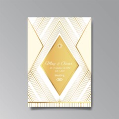 Art Deco, Art Nuevo wedding invitation, golden, white light beige luxury elegant retro style