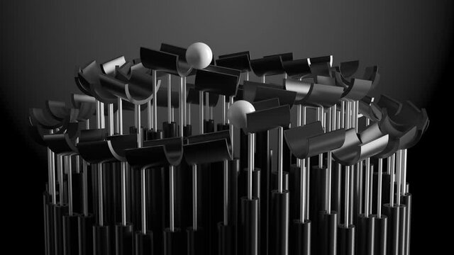 3d render of infinite metal moving on the surface of split pipes that are up to hold it. Minimalist satisfying loop video in monochrome black and white gamma.