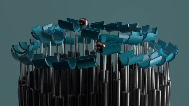 Colored 3d render of infinite metal moving on the surface of split pipes that are up to hold it. Minimalist satisfying loop video with blue background.