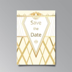 Art Deco, Art Nuevo wedding invitation, golden white luxury elegant retro style