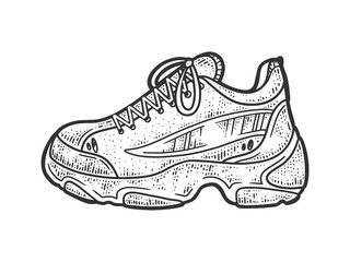 sneaker sport trainers athletic shoe line art sketch engraving vector illustration. T-shirt apparel print design. Scratch board imitation. Black and white hand drawn image.