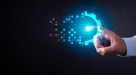 Digital transformation concept. Hand touching modern interface futuristic blue gear digital and...